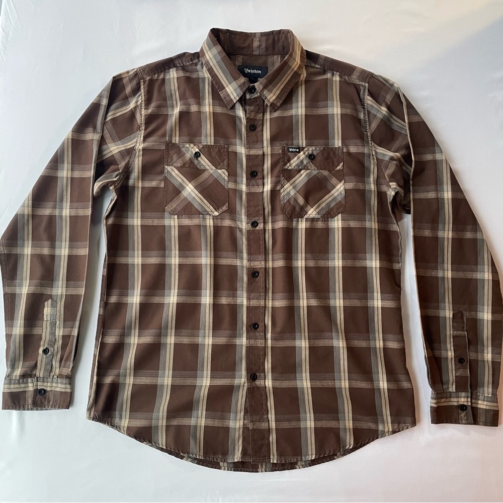 Brixton Bowery Flannel Shirt Mens L Brown Khaki Plaid Button Up